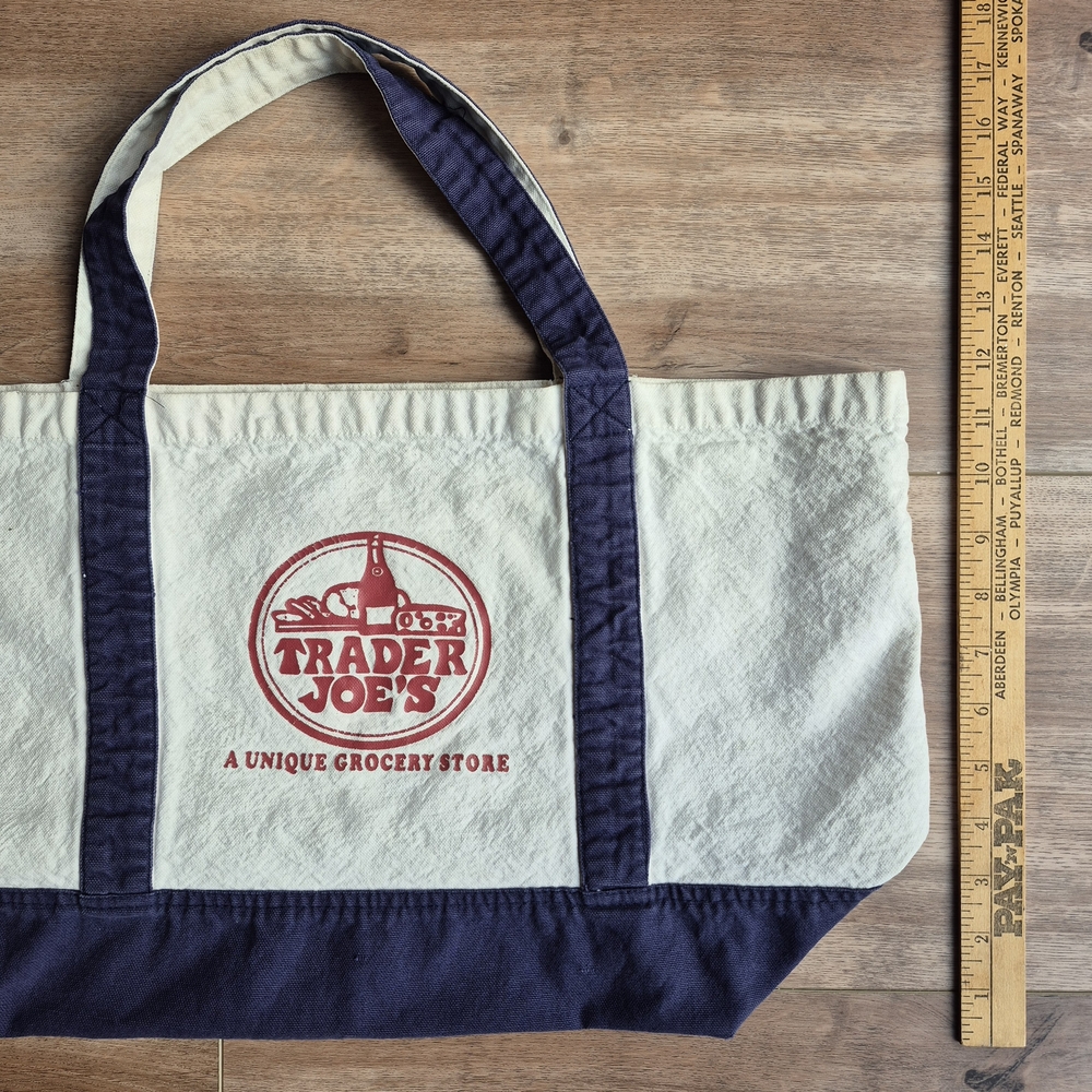 Vintage Trader Joe's Canvas Tote Bag Navy Blue with Red Retro Logo 90s - Picture 3 of 6
